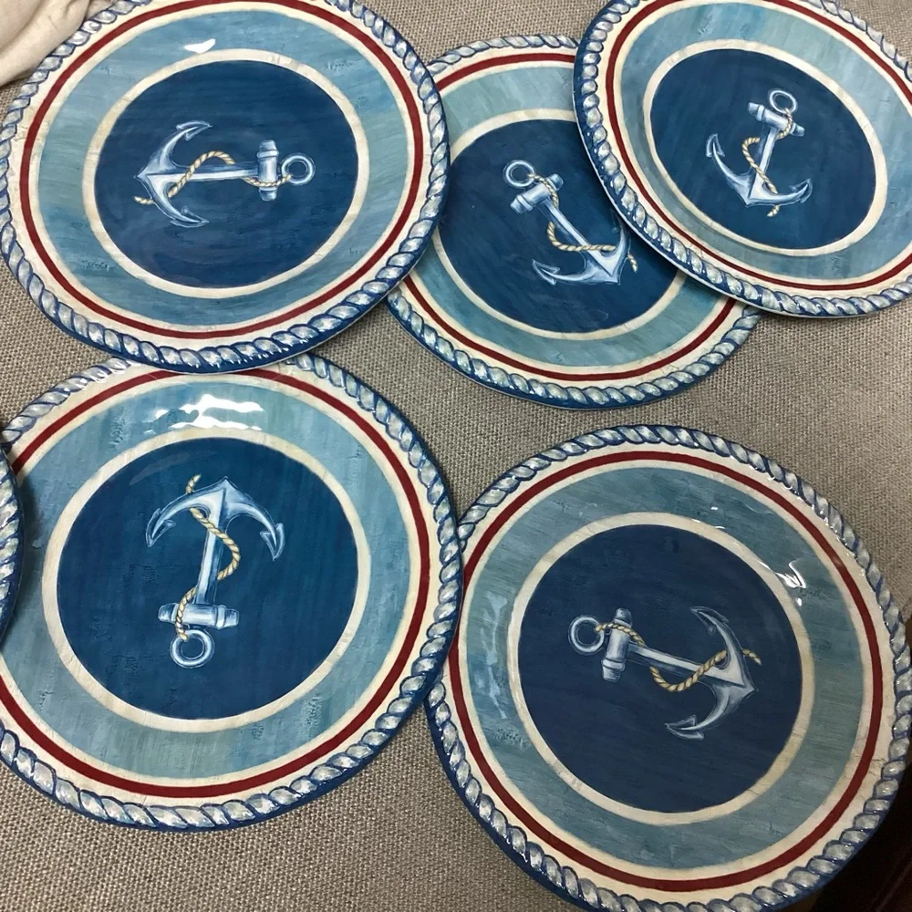 Vintage Cynthia Coulter Melamine Sail Away Nautical Anchor (6) 9" Salad Plates - Picture 4 of 13